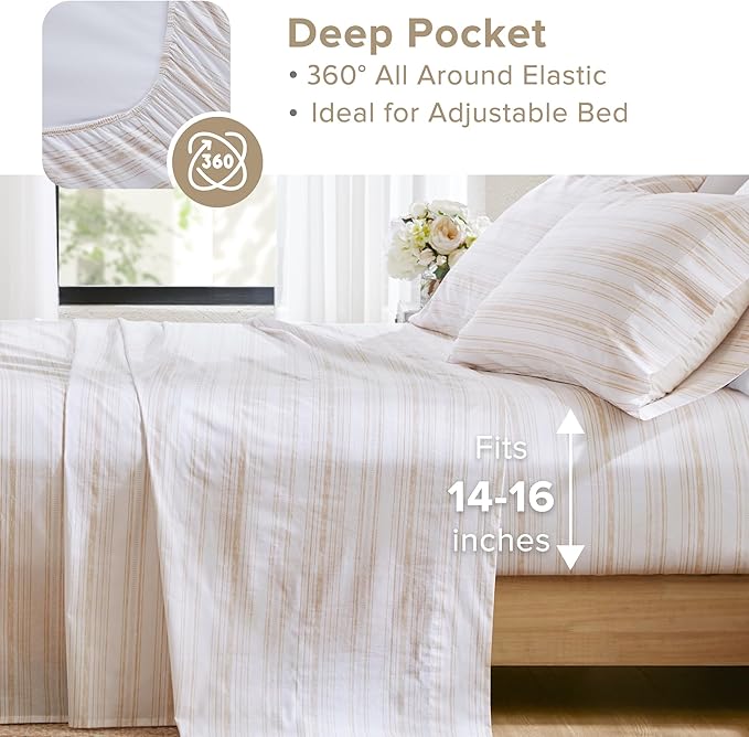 Comfort Spaces 100% Cotton Sheets Full, Breathable, Naturally Cool Cotton Sheets, Cotton Bed Sheets with 14" Elastic Pocket Fits up to 16" Mattress, All Seasons Sheet Set, Good Vibes Taupe 4 Piece