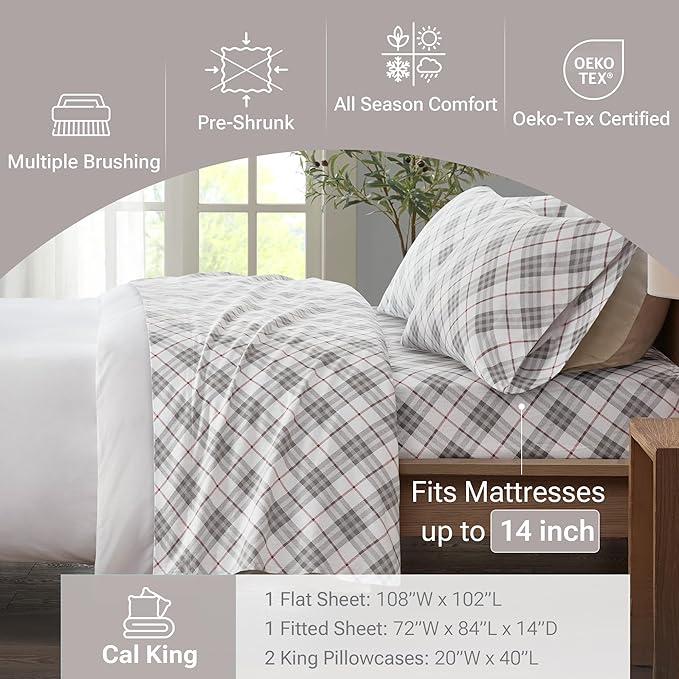 True North by Sleep Philosophy Cozy Flannel Warm 100% Cotton Sheet - Novelty Print Animals Stars Cute Ultra Soft Cold Weather Bedding Set, Cal King, Red Plaid 4 Piece