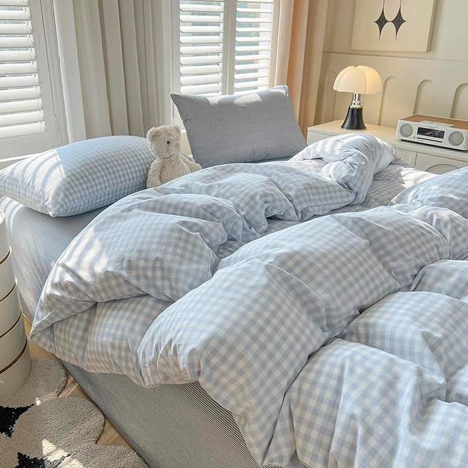 LifeTB Blue Gingham Comforter Set Full Size Modern Style Blue Plaid Comforter Set 3 Pieces Grid Checkered Pattern Comforter Fluffy Soft Farmhouse Gingham Bedding Comforter with 2 Pillowcases