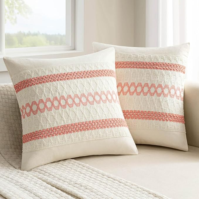 MIULEE Set of 2 Coral Red Boho Valentines Decorative Pillow Covers 18x18 Inch Farmhouse Rustic Couch Throw Pillows Modern Spring Cotton Cushion Covers Cute Macrame Woven Home Decor for Bed Sofa Chair