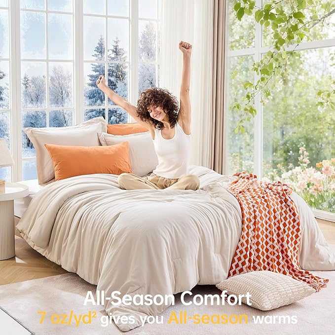 MUXHOMO Beige Oversized Queen Comforter Sets, All Season Ultra Soft Down Alternative Bedding - 3 Piece Lightweight Bed Set Includes 1 Comforter (98"*98") and 2 Pillow Shams (20"x26")