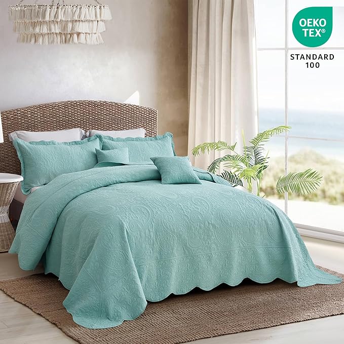 Oversized King Bedspread 128x120 Extra Wide, Ultrasonic Lightweight Bedding Cover, Paisley Pattern, Reversible, 5 Piece, 100% Microfiber, Seaglass