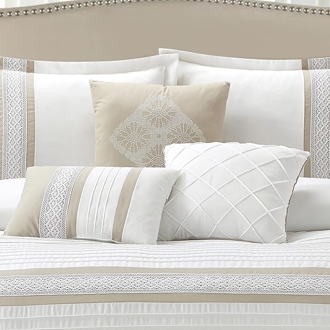 7 Piece Comforter Set, Taupe White, Queen Size, Boho Style Geometric Microfiber Embroidery, Bed in a Bag with Bedskirt, Pillow Shams and Decor Pillows