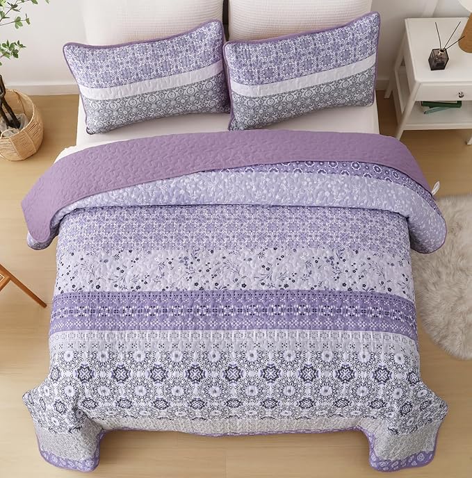 WONGS BEDDING Boho Quilt Set Queen Size,Lavender Purple Bohemian Striped Patchwork Bedspread Set,3 Pieces Microfiber Bedding Set for All Seasons (96"x90")
