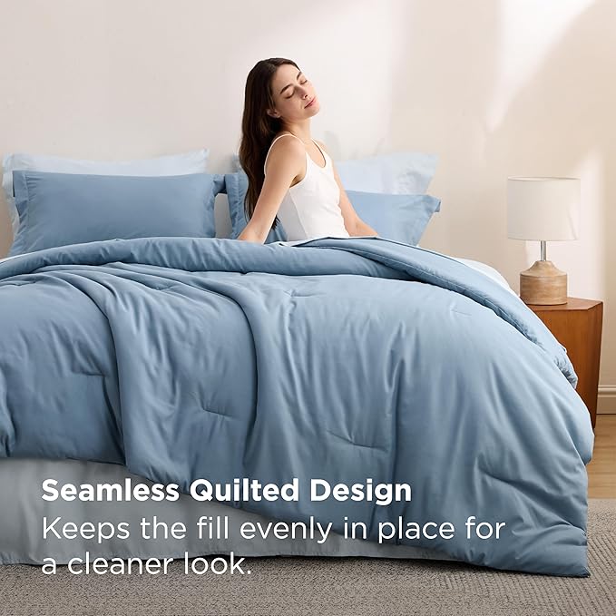 Bedsure Twin Comforter Set - 5 Pieces Grayish Blue Twin Bedding Set for All Seasons, Boho Contrasting Design Bed in a Bag with Comforter, Sheets, Pillowcase & Sham