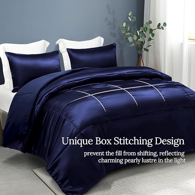 Whale Flotilla 2-Piece Reversible Silky Soft Twin Size Comforter Bedding Set, Luxurious Satin Comforters with Satin Pillowcase, Lightweight Duvet for All Seasons, Navy