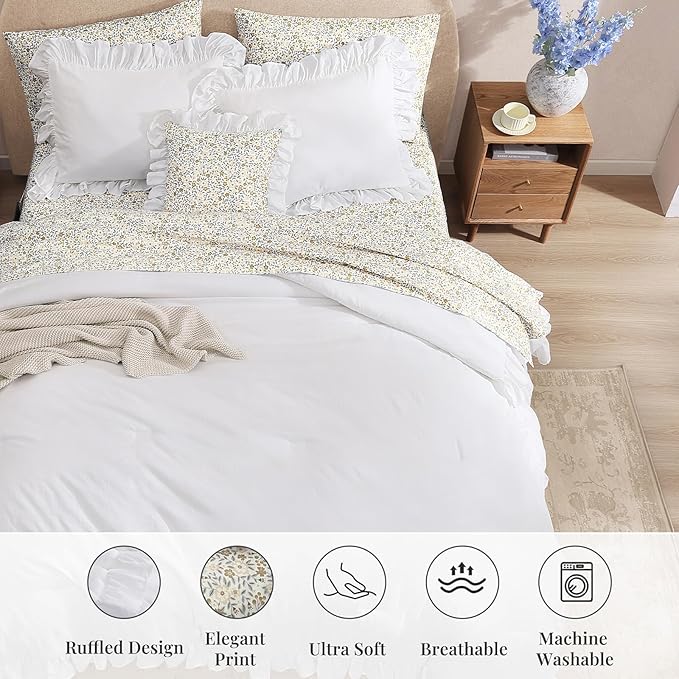 Full Comforter Set - 7 Pieces Ruffle White Bedding Sets, Shabby Chic Farmhouse Bed in a Bag Full with Ruffle Comforter, Floral Sheets, Pillowcases & Shams