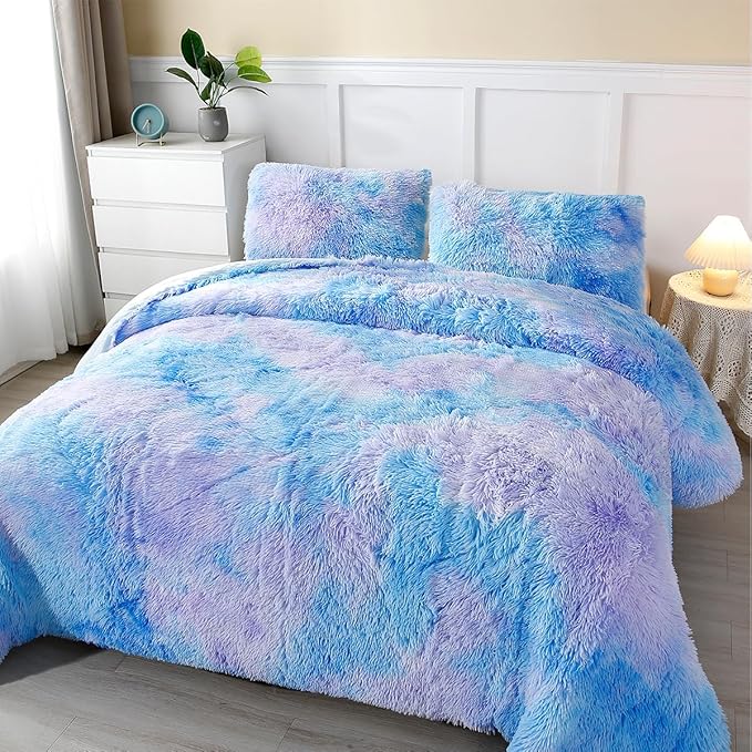 PERFEMET Twin Faux Fur Plush Bedding 3 Piece Soft Fluffy Shaggy Girls Comforter Set Colorful Tie Dye Velvet Fuzzy Furry Rainbow Bed Sets(Blue, Twin)