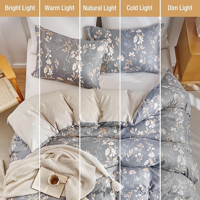 Lekesky Queen Duvet Cover Set, Gold Floral Duvet Cover Queen Size, 3 Pieces Grey Bedding Sets with Zipper, Ultra Soft Microfiber Reversible Queen Size Comforter Cover with 2 Pillowcases 20"x26"