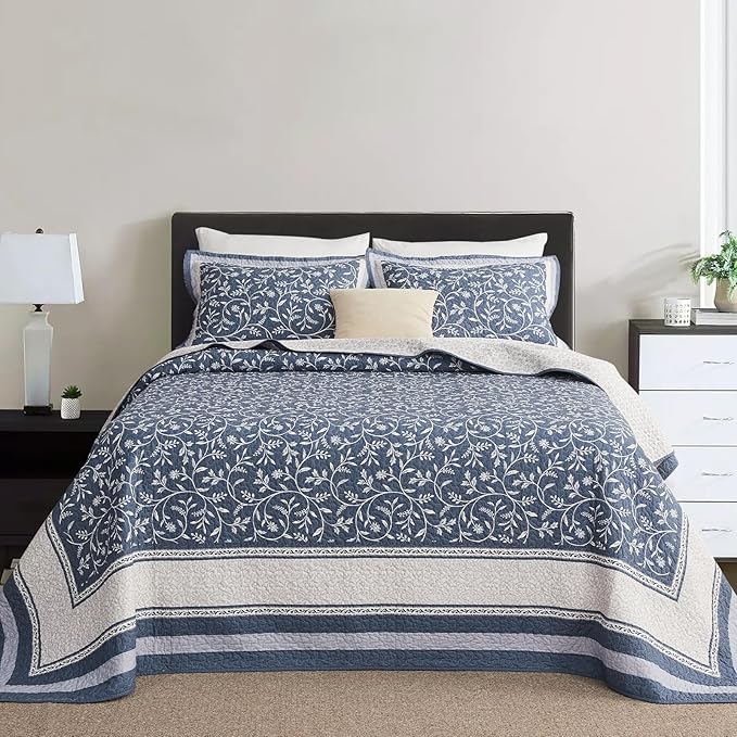 Oversized California King Bedspread - 100% Cotton Lightweight Quilted Coverlet - Soft Reversible Bedding, Botanical Floral Design - Includes 1 Bedspread (128x120)+2 Pillowshams Grayish-blue