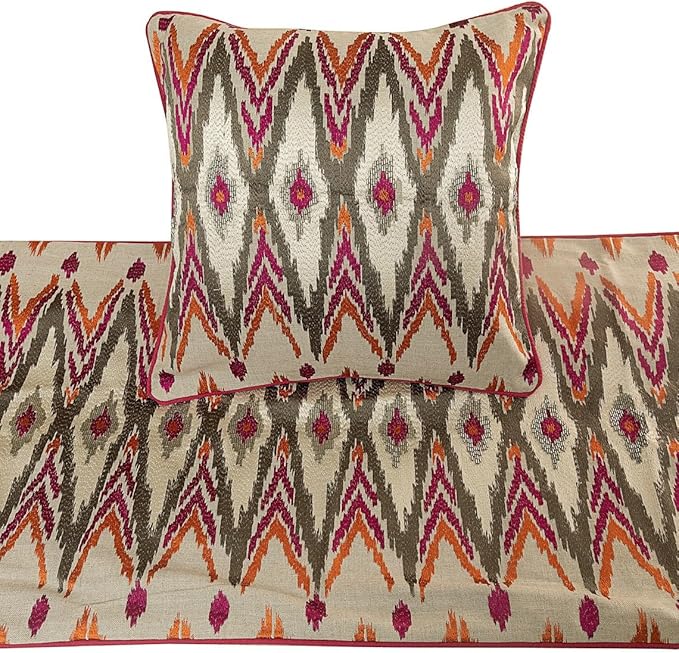 The HomeCentric King Queen Twin Multi Color & Pink Handmade Queen 74"x18" Bed Runner with Pillow Cover, Embroidered & Beaded Bed Scarf on Cotton Linen Fabric - My Ikat Love
