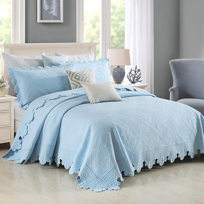 MarCielo 3-Piece 100% Cotton Oversized Bedspread Lightweight Quilt Coverlet Embroidery Farmhouse Bedding Set (TK Light Blue, Oversized Queen (100"x106"))