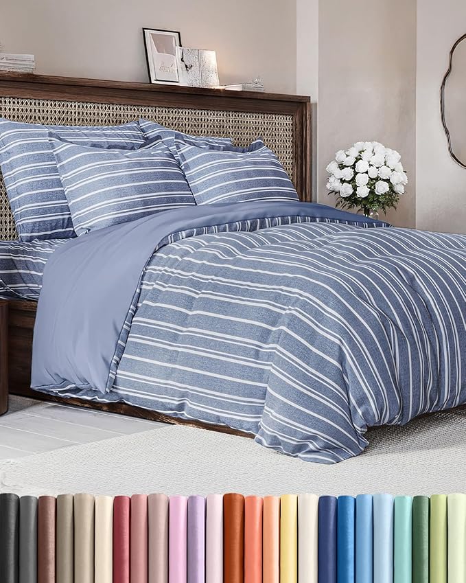 Duvet Cover Queen Size - Extra Soft Queen Size Duvet Cover - Lightweight, Breathable, Easy Care & Fade Free w/ Zipper Closures & Ties - 90" x 90" Inches - (Blue Stripes 3) Comforter Not Included