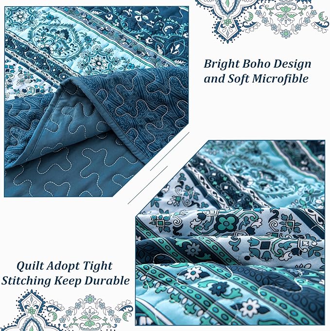 WONGS BEDDING Boho Quilt Set California King, Blue Bohemian Striped Pattern Quilt Coverlet, Lightweight Microfiber Bed Decor Bedspread with Pillow Shams for All Season 106"x96"(3 Pieces, Cal King)