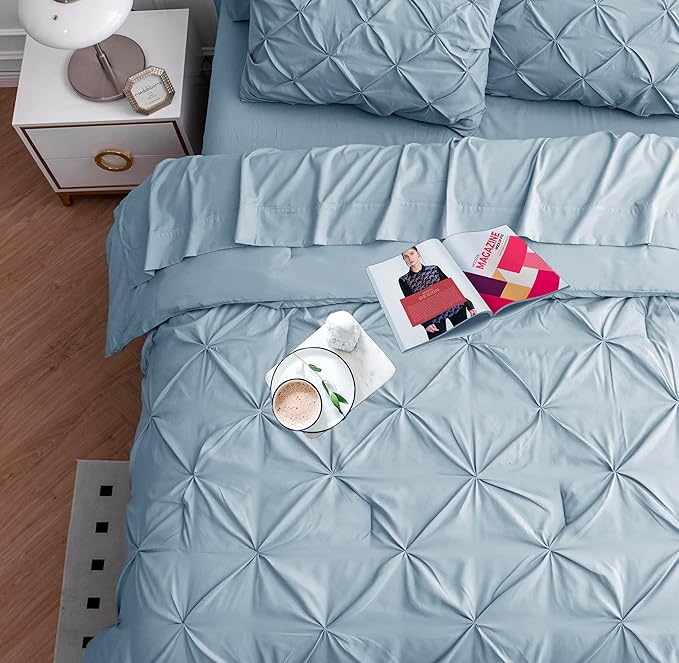 LANE LINEN Full Size Bed Comforter - 7 Piece - Refined Pintuck Finish for Hotel Style Bedding - Breathable Microfiber Bed in a Bag Comforter - Ideal Bedding for Apartments & First Homes - French Blue | Hotel sleep feel, Airy microfiber, Clean bed look,...
