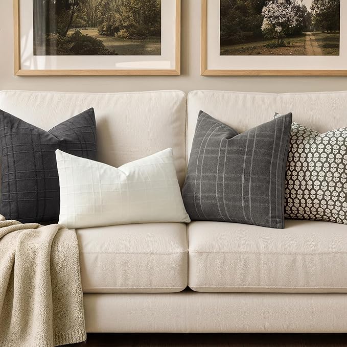 MIULEE Decorative Linen Check Lumar Throw Pillow Covers Neutral Farmhouse Vintage Pillow Covers 18x18 Inch Set of 2 Boho Modern Home Decor for Sofa Couch Bedroom Cushion Chair Charcoal Gray