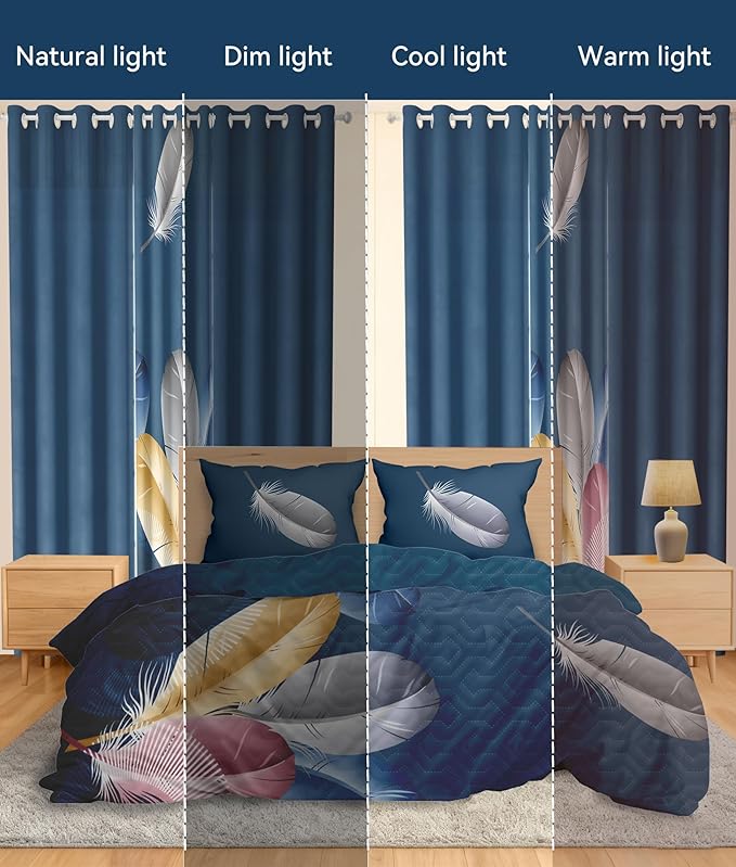 Bedspreads and Matching Curtains, 1 Bedspread 2 Pillowcases 2 Print 4 Solid Curtains, Blue Feather Microfiber California King Bed in a Bag Set, Easy Care for Vacation Home