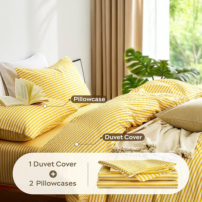JELLYMONI 100% Natural Cotton 3pcs Striped Duvet Cover Sets,Yellow with White Stripes Pattern Printed Comforter Cover,with Zipper Closure & Corner Ties(Queen Size)