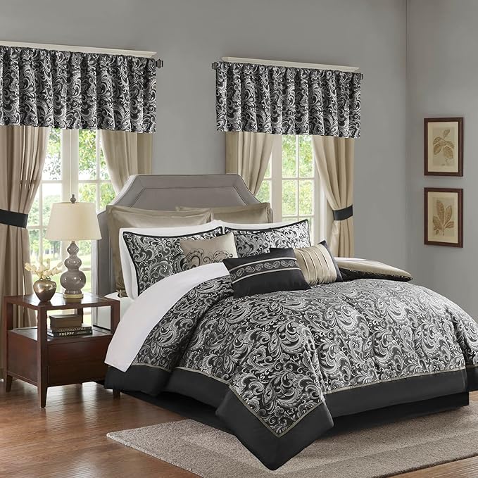 Madison Park Essentials Brystol 24 Piece Room in a Bag Faux Silk Comforter Jacquard Paisley Design Matching Curtains Down Alternative All Season Bedding-Set, Black 24 Piece, King(104 in x 92 in)