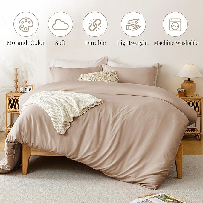 MILDLY Super Soft Duvet Cover - 100% Washed Microfiber Rugby Tan Comforter Cover Set 3 Pieces with Zipper Closure & Corner Ties (No Comforter)