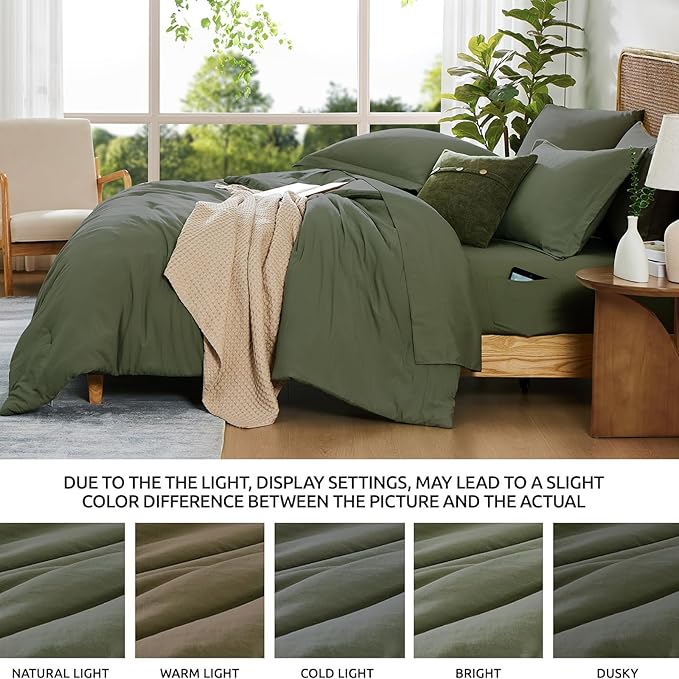 WRENSONGE Full Size Comforter Sets, 7 Pieces Olive Green Bed in a Bag with Fitted Sheet, Flat Sheet, 2 Pillow Shams, 2 Pillowcases, Warm Bedding Sets for All Season