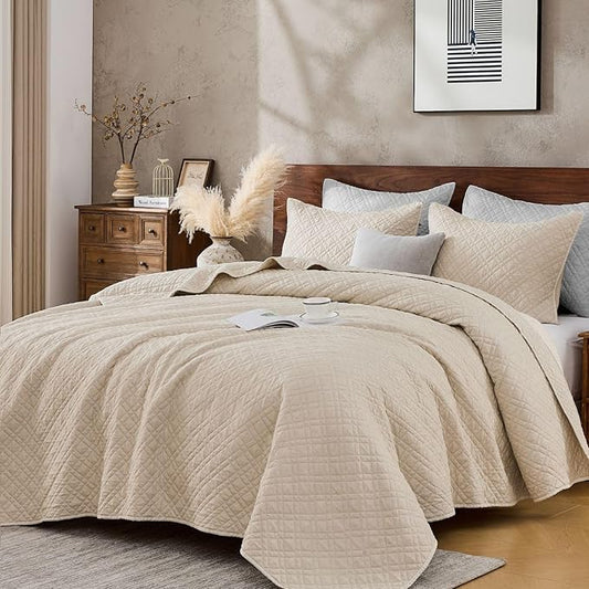 Queen Quilt Set with Shams Lightweight Quilted Bedspread Coverlet Thin Comforter Bed Cover Vintage Washed Quilted Blanket for All Season, Brushed Microfiber Diamond Stitching, Beige, 88"x92"