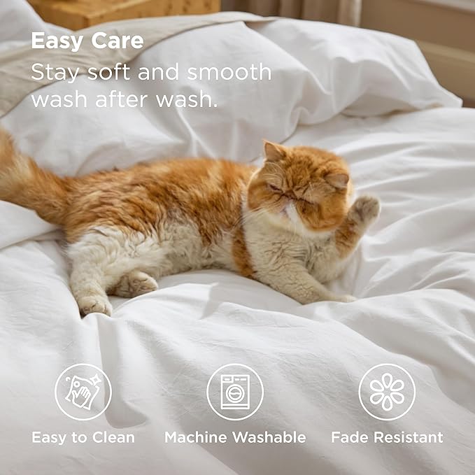 Bedsure 100% Washed Cotton Duvet Cover Queen Size - Natural White Minimalist Cotton Duvet Cover Linen Like for All Seasons - GentleSoft™ Plain Simple Bedding (Natural White, Queen, 90"x90")