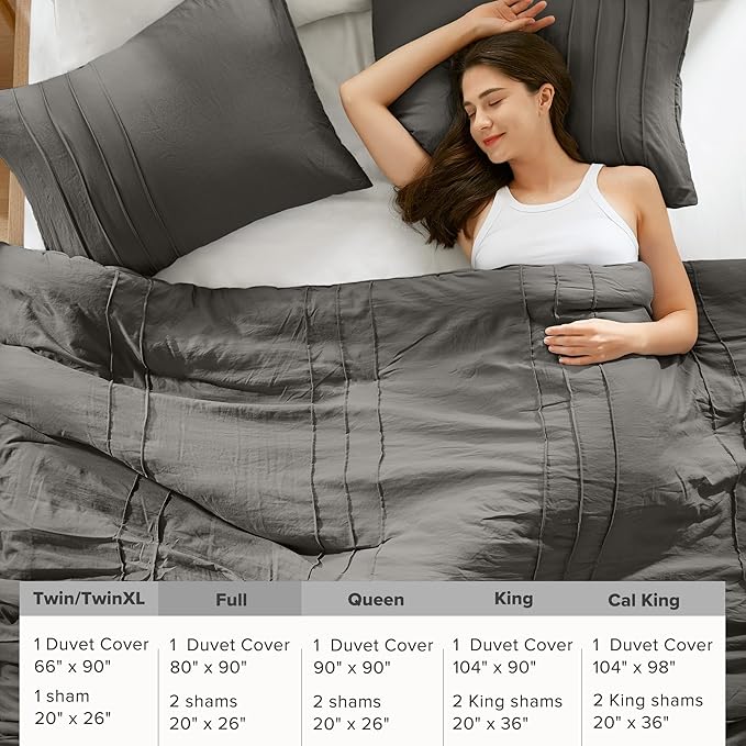 Comfort Spaces Grey Full Size Duvet Cover Set - 3-pc Pintuck Pleated Duvet Cover Full, All Season Lightweight, Extra Softness Pre-Washed Microfiber Bed Cover Shams, Full