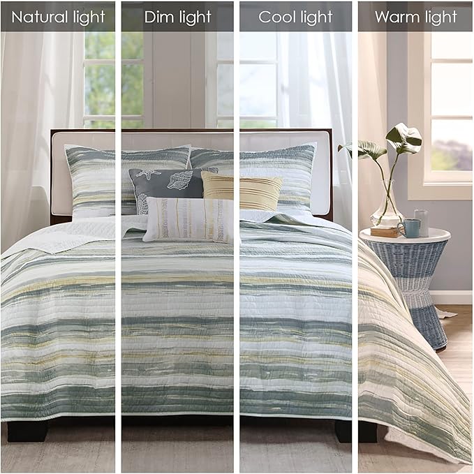 Madison Park Quilt Set Cottage Coastal Design, 6 Piece Set - All Season, Coverlet Bedspread Lightweight Bedding Layer, Shams, Toss Pillows, King/Cal King(104 in x 94 in), Yellow/Grey