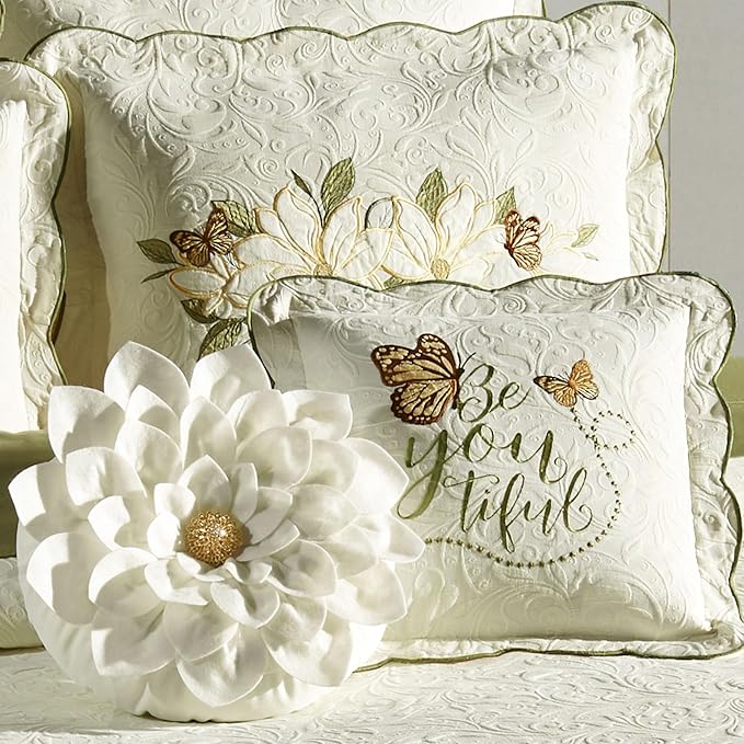 Sweetbay Garden Luxury Matelasse Bedding | Magnolia, Butterfly, & Leaf Velvet Appliques | 4-Pc Ivory Textured Scroll Lightweight Bed Set: Queen Coverlet, Bedskirt, 2 Standard Shams, & 2 Accent Pillows