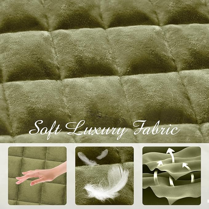 Luxury Velvet Quilt Set Queen Size, Comforter Set with Pillow Shams, Soft Lightweight Bedspread Coverlet Bedding Sets for All Seasons, Dark Green