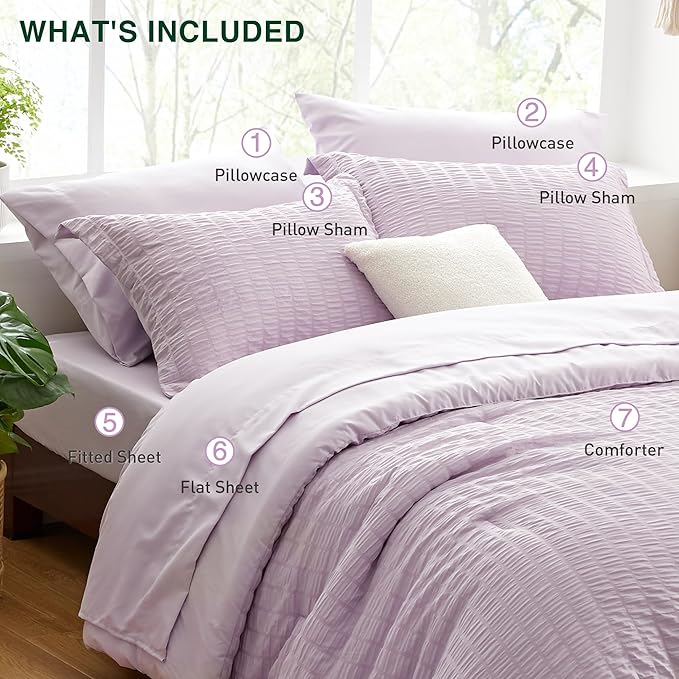Love's cabin Seersucker Lavender Queen Comforter Set, 7-Piece All Season Lightweight Bed in a Bag Bedding Set with Comforter, Flat Sheet, Fitted Sheet, Pillowcases and Shams | Soft, Breathable, Lightweight