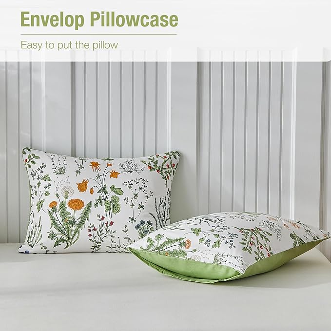 Lekesky Queen Size Duvet Cover Set, Lightweight Soft Microfiber Comforter Cover, Reversible Duvet Cover Queen with Floral Pattern, 3 Pieces Green Bedding Set with Zipper and 2 Pillowcases