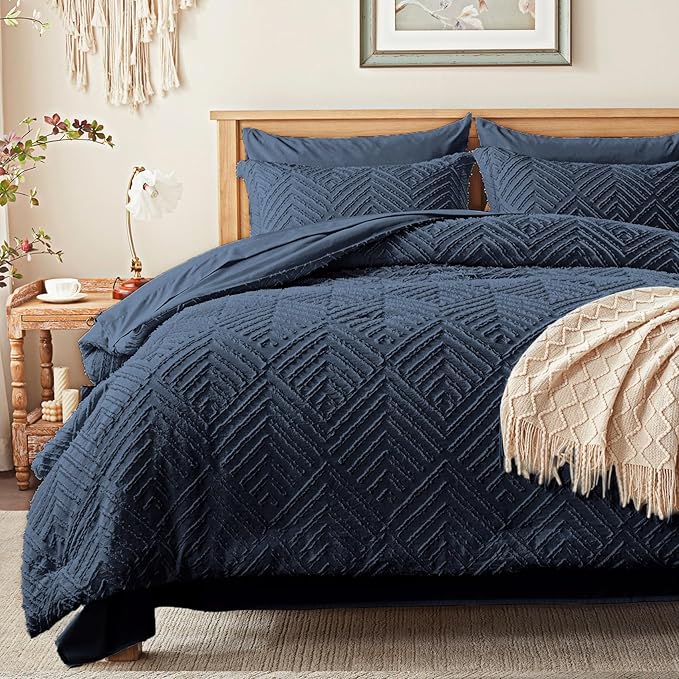 Zzlpp Twin Comforter Set 5 Pieces, Navy Blue Tufted Bed in a Bag with Comforter and Sheets, All Season Boho Bedding Sets with 1 Comforter, 1 Pillow Sham, 1 Pillowcase, 1 Flat Sheet, 1 Fitted Sheet