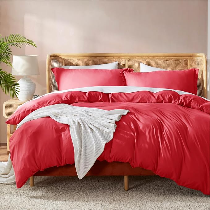 Nestl King Duvet Cover Set with Comforter Insert - Red 4 Piece 104x90 Duvet Cover & 2 Pillow Shams with White Quilted Down Alternative Comforter, Ultra Soft, All Season