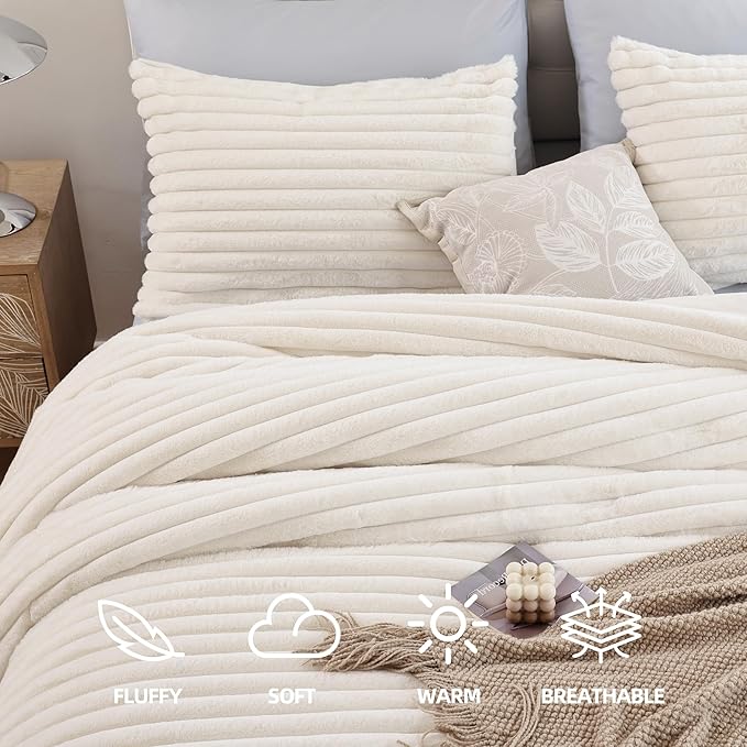 Smoofy Fluffy Twin Comforter Sets 2 Pieces - Cream White Fleece Fluffy Comforter Set, Luxury Fuzzy Twin Bedding Set, Soft Warm Comforter All Season, Heavy Faux Fur Comforter with Pillow Cases