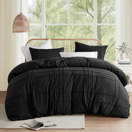 Comfort Spaces Black King Size Duvet Cover Set - 3 Pieces Pintuck Pleated Duvet Cover, All Season Lightweight, Extra Softness Pre-Washed Microfiber King Bedding Cover Shams