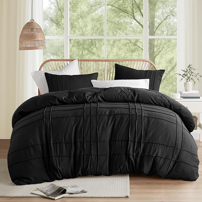 Comfort Spaces Black Twin Size Duvet Cover Set - 2 Pieces Pintuck Pleated Duvet Cover All Season Lightweight, Extra Softness Pre-Washed Microfiber Twin Bedding Cover Shams, Twin/Twin XL