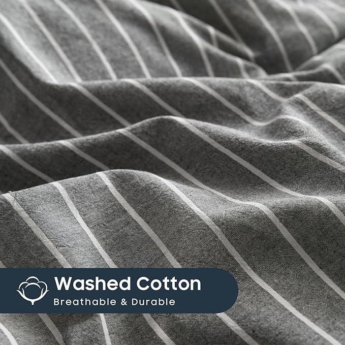 Wake In Cloud - Striped Cotton Duvet Cover Set, Ticking Stripe Vertical Pinstripe Farmhouse, 100% Washed Cotton Textured Percale Bedding Set, 3 Pieces, Gray, Queen Size