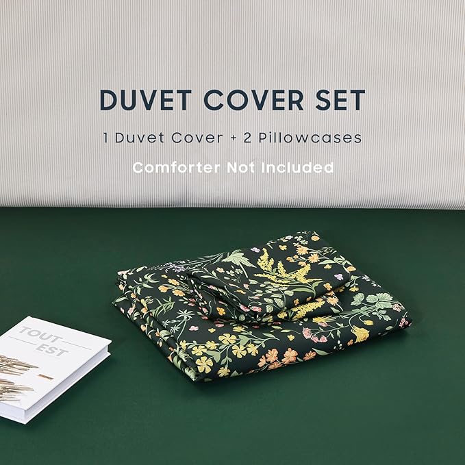 Wake In Cloud - Floral Duvet Cover Set, Shabby Chic Cottage Garden Botanical Flower Style with Elegant Wildflower Pattern, Soft Lightweight Bedding, 3 Pieces, Dark Green, Full Size