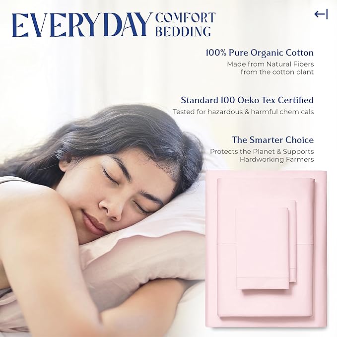 Mayfair Linen 100% Organic Cotton Sheets Twin XL Size - 3 PC Organic Cotton Percale Sheets Twin XL Set (Blush), Soft, Crisp, Cooling Bedsheets, 16" Deep Pocket Hotel Bedding - GOTS Certified
