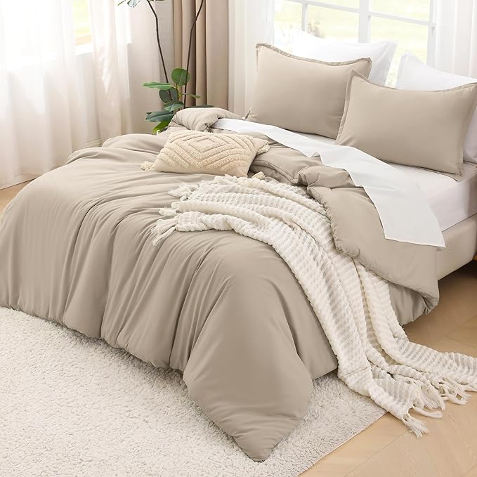 Litanika Comforters Khaki Oversized Queen Size, 3 Pieces Lightweight Solid Bedding Comforter Set, All Season Fluffy Bed Set (98x98In Comforter & 2 Pillowcases)