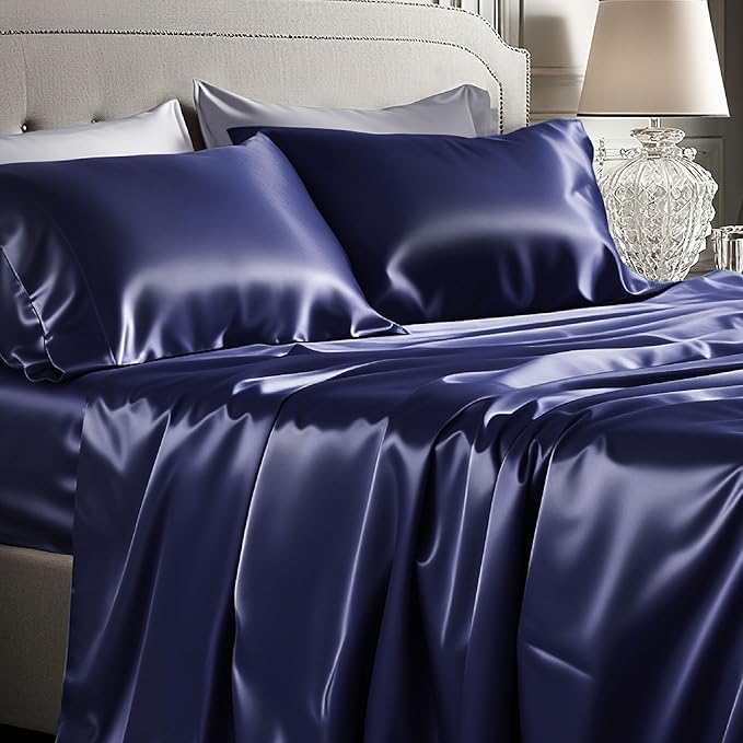 Bedsure Satin Sheets Queen Size - 4 Piece Silky Bedsheets with Elastic Corner Straps and 15 Inches Deep Pocket Fitted Bedsheet,1 Flat Sheet, 2 Satin Pillowcases, Good for Hair & Skin (Queen, Navy)