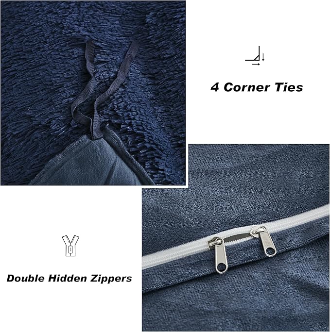 annadaif Fluffy Duvet Cover Full Size, Navy Blue Plush Shaggy Faux Fur Comforter Cover Velvet Bedding Set with Zipper Closure(1 Duvet Cover, 2 Pillowcases)
