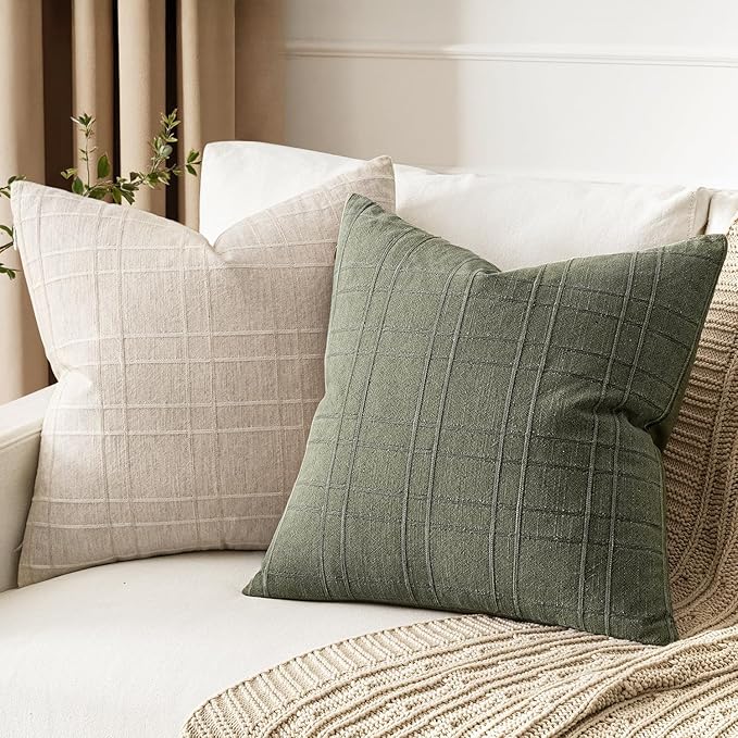MIULEE Decorative Linen Check Euro Shams Throw Pillow Covers Neutral Farmhouse Vintage Spring Pillow Covers 24x24 Set of 2 Boho Modern Home Decor for Sofa Couch Bedroom Cushion Olive Green