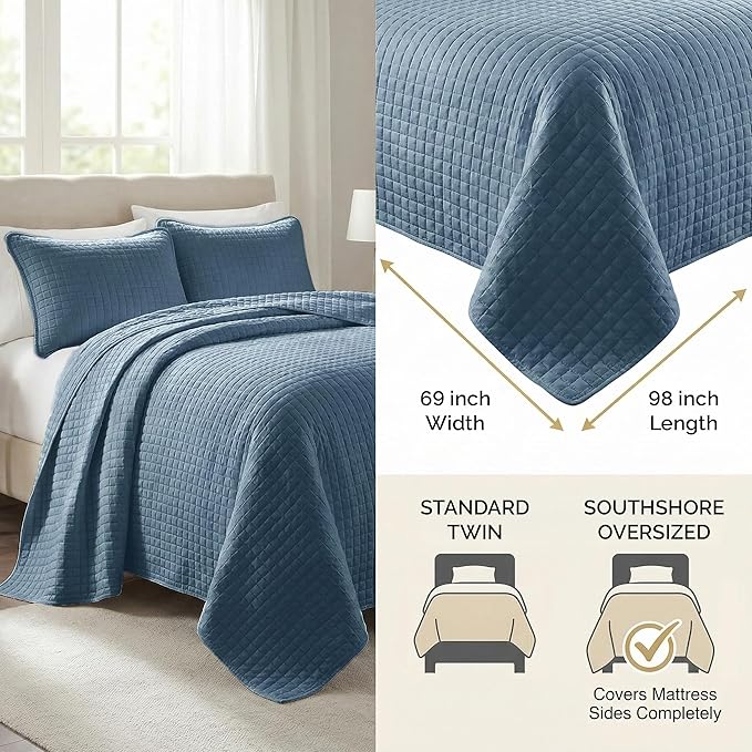 Southshore Fine Living, Inc. Twin Size Summer Quilts, Soft Microfiber Lightweight Bedspread, Stain & Pet Hair Resistant Bedding, XL Twin Quilt Coverlet with Pillow Sham, Coronet Blue