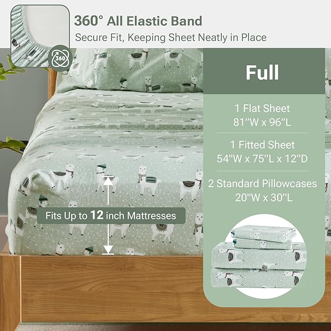 True North by Sleep Philosophy Cozy Flannel Warm 100% Cotton Sheet - Novelty Print Animals Stars Cute Ultra Soft Cold Weather Bedding Set, Full, Seafoam Llama 4 Piece
