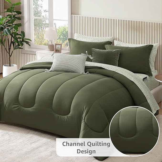 Monbix King Size Comforter Set - 7 Pieces Bed in a Bag King, Olive Green Track Stitching Bedding Sets, All Seasons Comforter Bed Set with Sheets, Pillowcases & Shams