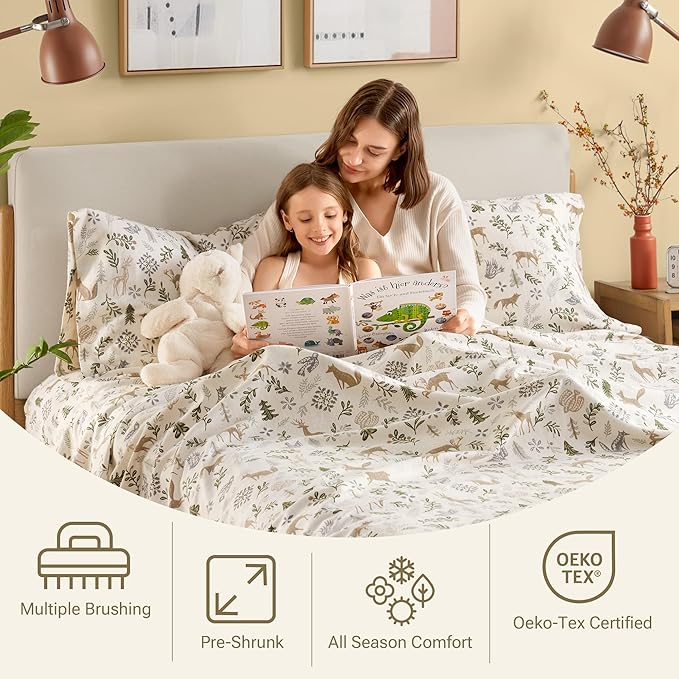 Sleep Philosophy True North 100% Cotton Flannel Sheets Cal King Size, Cozy Flannel Sheet Set Brushed for Extra Softness, Heavyweight Novelty Print Warm Flannel Bedding Set, Tan Woodland Winter 4 Piece