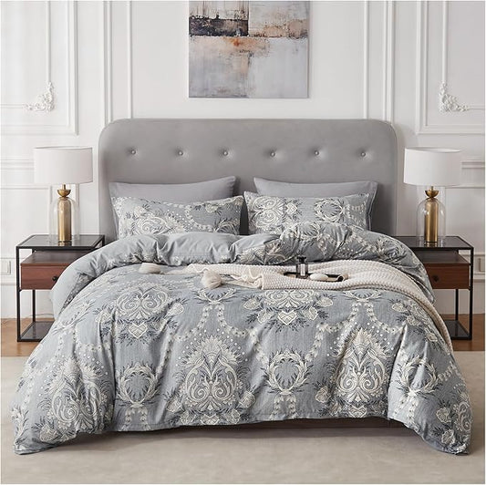 Grey Floral Duvet Cover Set Full Size Bedding Quilt Comforter Cover Reversible Duvet Covers Microfiber Bedspread Floral Bedding Full Bed Set Luxury Bed Set Collection Modern Bedroom Decor Essentials